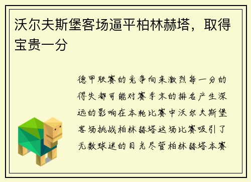 沃尔夫斯堡客场逼平柏林赫塔，取得宝贵一分